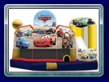 Cars 5 in 1 - Kids can pretend to race with Lighting McQueen, Mater and The King in this ultimate bounce house with five different fun-filled activities to entertain. Digital artwork features all of the cars at the race for the Piston Cup, including Fillmore, Lizzie, and Sarge posing above the racing-fast slide. 