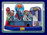 Superman 5 In 1 - The 5-in-1 combo style bounce house is the ultimate in inflatable jumpers! The large interior jumping area offers a basketball hoop and both log and pop-up obstacles. This bouncy castle has a climb feature and a convenient exit slide for hours of active fun!