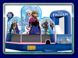 Frozen - The 5-in-1 combo style bounce house is the ultimate in inflatable jumpers! The large interior jumping area offers a basketball hoop and both log and pop-up obstacles. This bouncy castle has a climb feature and a convenient exit slide for hours of active fun!