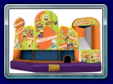 Nick Toons 5 in 1 - This inflatable is designed with a cast of Nickelodeon characters. Children enter the unit, into a jumping area with a basketball hoop, then through popup obstacles, to climbing stairs followed by a slide. The slide has a safety bumper. This is a sure hit at any event!