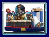 Pirates Of Caribbean 5 In 1 Combo - The action-packed high seas has over 250 square feet of brilliant artwork! The 5-in-1's provide ample jumping area, basketball hoop, log and pop-up obstacles, a climb feature and a slide that exits to the outside of the unit for easy exit or easy re-entry. 