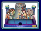 Toy Story Bounce - Kids will love jumping alongside their favorite playroom characters, with a pair of adorable squeeze toy aliens watching overhead! The stunning artwork panel on this Toy Story bounce house shows Woody and his trusty horse, Bullseye, as they are joined by Jessie, Buzz, Hamm, Rex, and Slinky posing on the playroom floor.